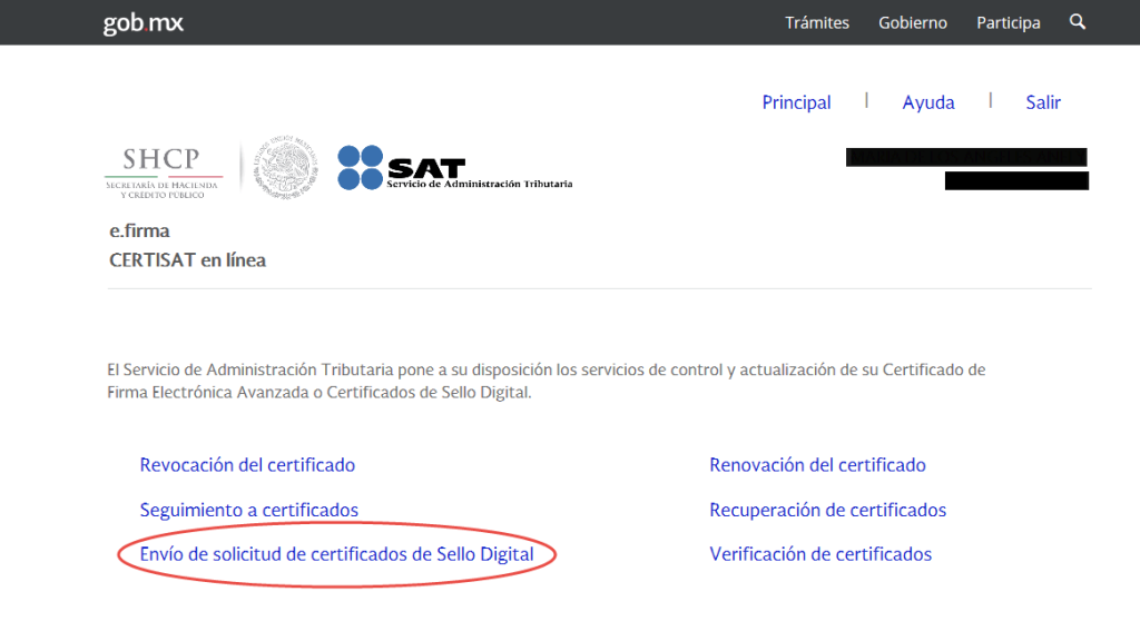 Opción "Envío de solicitud de certificados de sello digital"