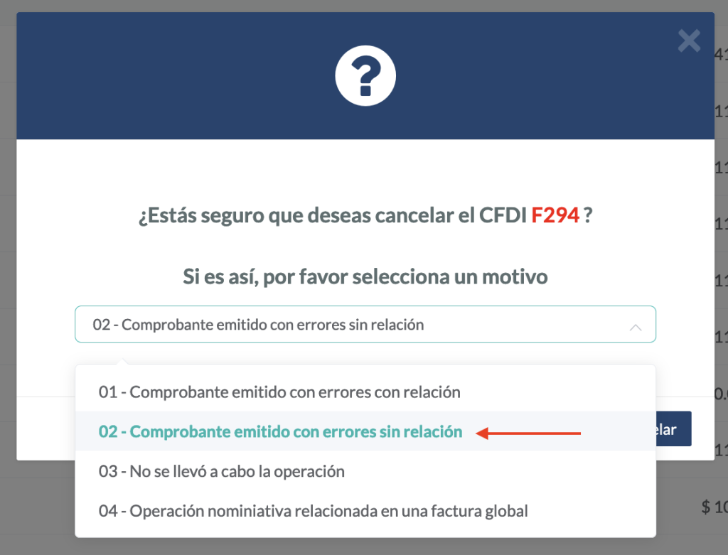 Vista de las opciones para señalar el motivo de cancelación 02