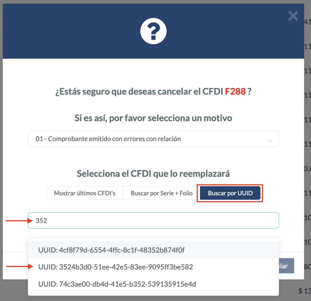 Vista de la opción 01 buscando el CFDI a remplazar por UUID