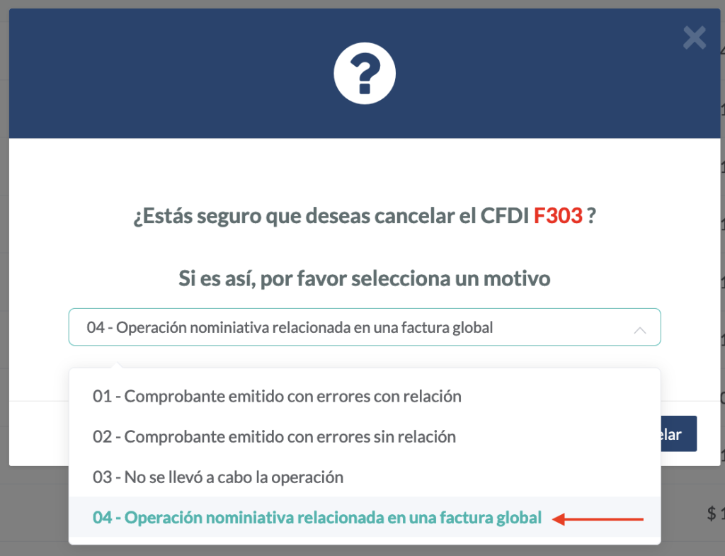 Vista de las opciones para señalar el motivo de cancelación 04