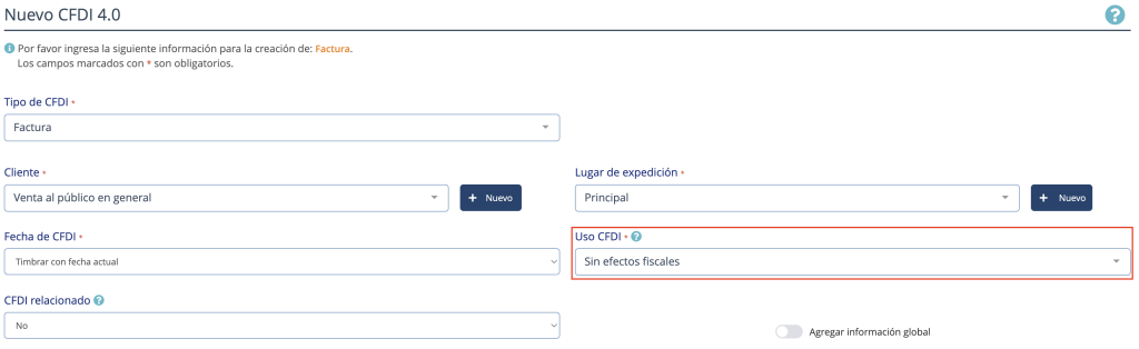 Formulario para crear un CFDI señalando el campo "Uso de CFDI"